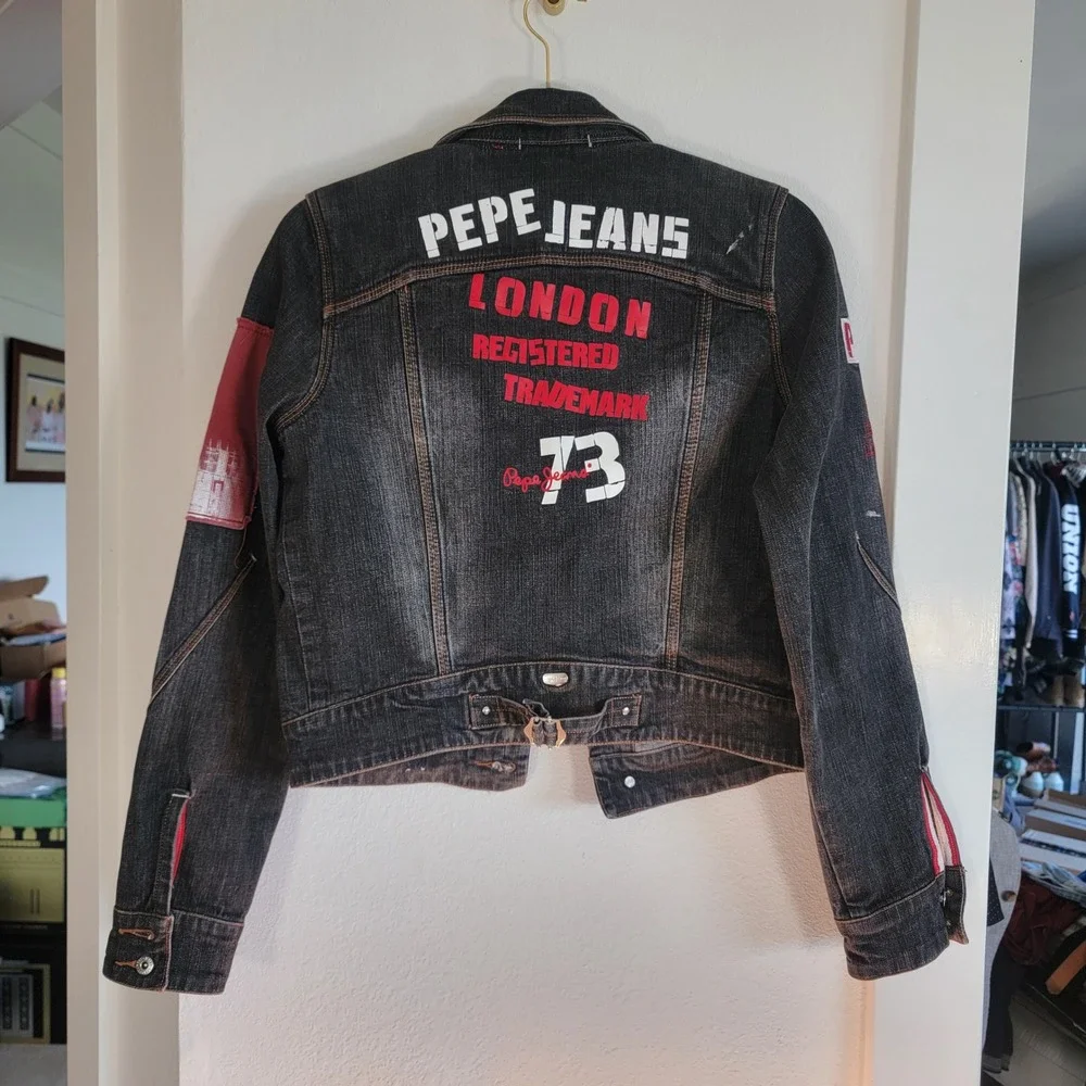 Pepe Jeans London Mens Distressed Denim Jacket Black Punk Graphic Patches Size M